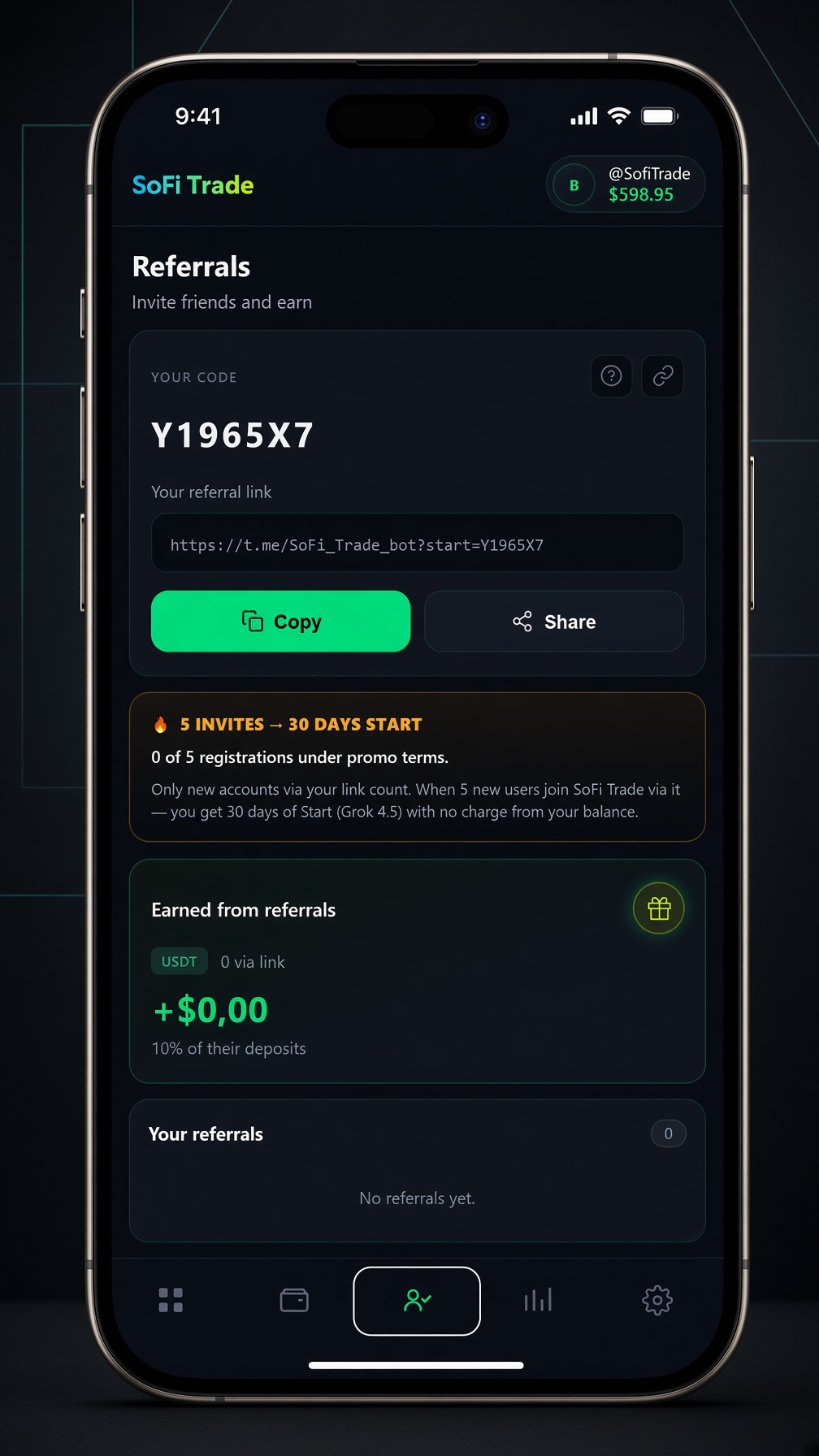 SoFi Trade Referrals screen for @SofiTrade